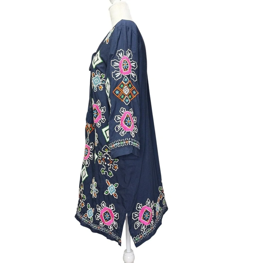 Frances‎ Valentine Capri Navy Blue Embroidered Cotton Tunic Dress Tassel Tie M
